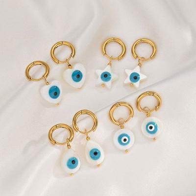 China 2022 Boho Fashion Amulet TRENDY Jewelry Geometric Shell Enamel Blue Turkish Evil Eye Circle Earrings for sale