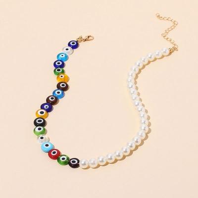 China 2021 Summer New Product Trendy Evil Eyes Border Necklace Fashion Sweater Chain Pearl Chocker Necklace for sale