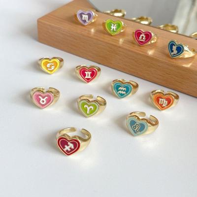 China JOJO Fashion Oil Love Heart Brass Y2K 12 Zodiac Constellation Ring For Women Girls Colorful Adjustable Drop for sale