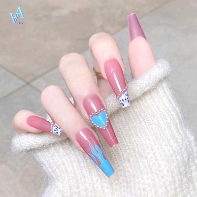 China Design Selling Stunning Long Love Nail With Diamond And Blue Flame Faux Studs Press On Nails With Rhinestones for sale