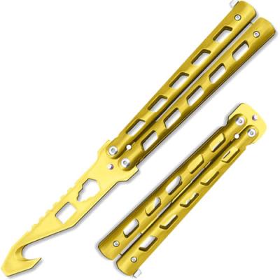 China Butterfly Non-Variable Trainer Balisong Gold Gut Hook Multi Tool Bottle Opener Functional Butterfly Belt Cutter for sale