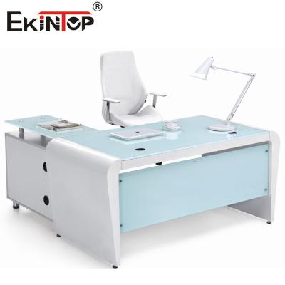 China Rectangle White Blue Office Computer Glass Desk Top With Drawers And Storage zu verkaufen