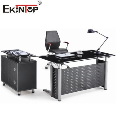 China Office Furniture Glass Computer Desk With Drawer L Shaped for sale