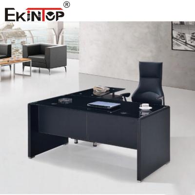 China Moderne Black Glass Computer Desk Met Metalen Benen Schuifkast Op maat Te koop