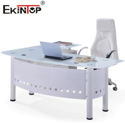 China Transparent Blue Glass Desk For Office Building With Metal Legs for sale