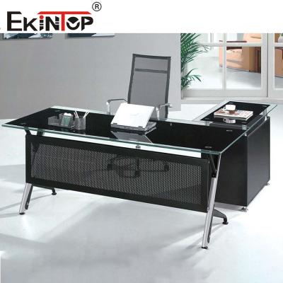 China Muebles comerciales Escritorio de vidrio negro con patas de metal personalizadas en venta