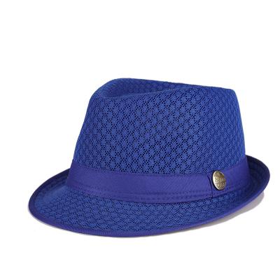 China Casual Manufacturing Customized Logo Fashion Hollow-cut Edge Mesh Design Plain Unisex Cotton Shorts Fedora Hat With Ribbon for sale