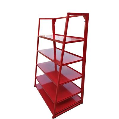 China Red Color Single Sided Heavy Metal Auto Parts Battery Shelving Customizable Car Battery Display Rack for sale