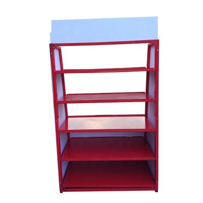 China Customized Heavy Red Color Single Sided Metal Auto Parts Battery Shelving Car Battery Display Rack for sale