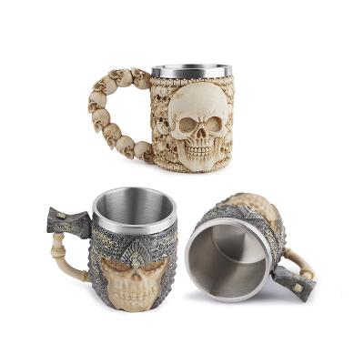 China Sustainable Halloween Bar Drinkware Gift Tea Cup Stainless Steel Skull Mug Viking Drinking Cup Skeleton Resin Beer Stein Tankard Coffee Mug for sale