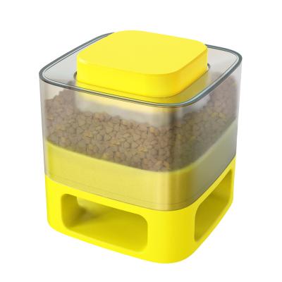 China Sustainable Pet Food Dispenser Interactive Button Trigger Dog Press Slow Food Feeder Treat Toy Automatic Pet Feeder for sale