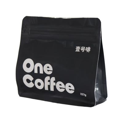 China Custom Self-supporting Moisture Proof Aluminum Foil Flat Bottom Packaging Plastic Bag With Valve And Zipper Black Coffee Packaging Bag for sale