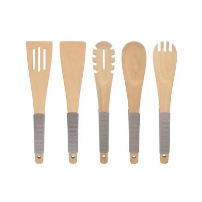 China Sustainable Fashion Design 5-Piece Wooden Kitchen Utensils Set LFGB Food Grade Wood Cooking Tools With Anti-Slip Silicone Handle Cover for sale