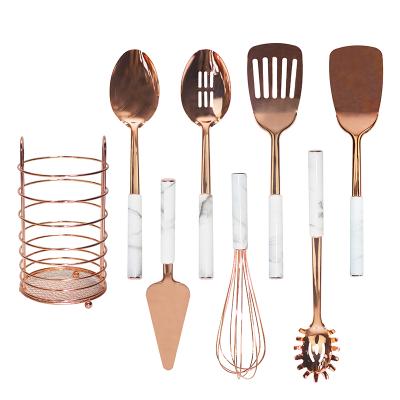 China Rose Gold Marble Coated Sustainable Kitchenware Cooking Tool Kit With Rack Wholesale Stainless Steel Kitchen Utensils for sale