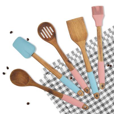 China New Sustainable 5 Pcs Silicone Kitchen Utensils Wooden Kitchen Utensils Wooden Kitchenware for sale