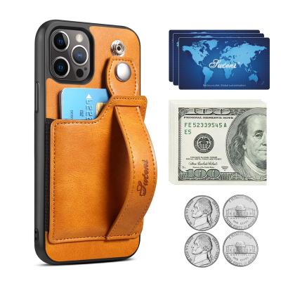 China Business Cell Phone Shockproof Case For iPhone 13 Pro Max Card Case Wrist With Back Cover Leather Phone Case for sale