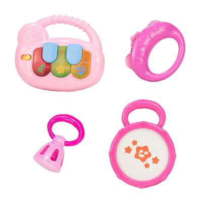 China Toy Plastic Baby Rattle musical 4pcs set with piano, bell, small bell and drum rattles, light and healthy for sale