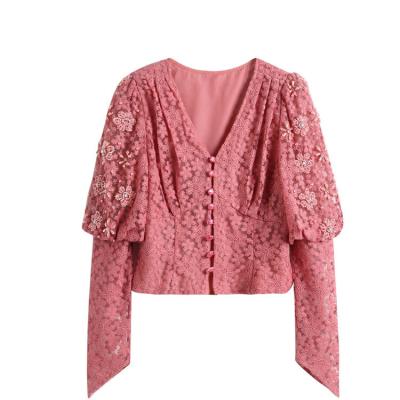 China Anti-wrinkle 2022 new arrivals summer trend women's clothing lace shirts spring casual fashion lace shirts women lace up blouse summer for sale