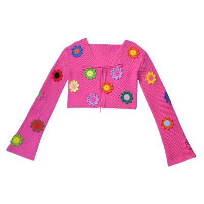 China Jennie Same Style Floral V-Neck Long Sleeve Rainbow Anti-Shrink Crochet Hand Crochet Jacket Knit Sweater Cardigan for sale