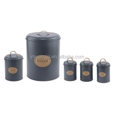 China Sustainable 5 Piece Iron Canister Set Bread Bin And Sugar Coffee Tea Canister Set for sale