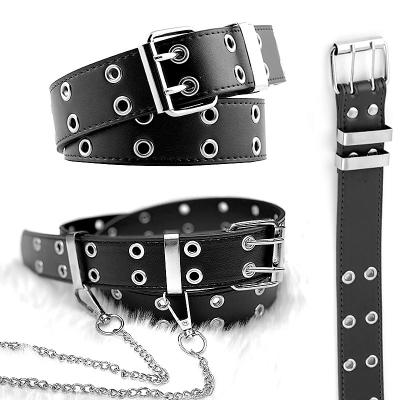 China Custom Double Grommet Metal Chain Rock Western Leather PU Dresser Jeans Women Punk Belt for sale