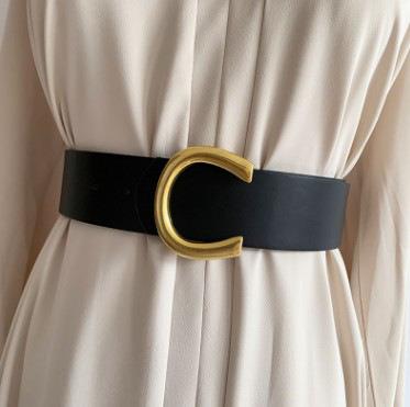 China Large Gold Faux Convenient Belts Women's U-Shape Metal Buckle Leather Belt Slim Waist Seal for sale