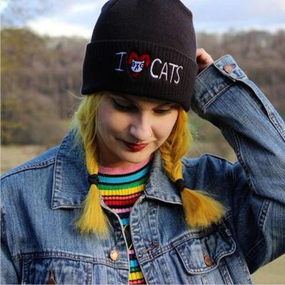 China JOINT Black Embroidered Toque Knit Me Like Cat Beanie Toque for sale