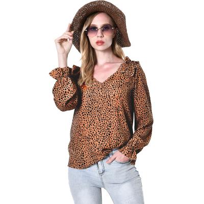 China Stylish Anti-wrinkle V-neck Leopard Print Commuter Blouse With Long Sleeves for sale