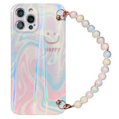 China 2021 New Anti-drop Aurora Laser Marble Phone Case For iPhone 12 Pro Case With Pearl Chain Cell Phone Bags For iPhone 7 8 xs plus max for sale