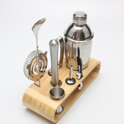 China Cocktail Shaker Set Wooden Stand Stainless Steel Cocktail Shaker Set Professional Barware Tools Cocktail Jigger With Customized Logo for sale