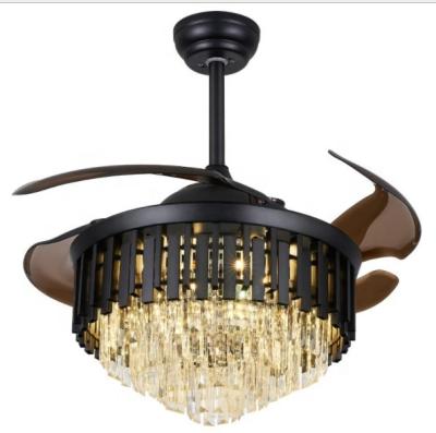 China Modern Luxury Black Crystal Finish Dimmable Led Chandelier Ceiling Fan Lamp With 6 Blades Smart Remote Control Ceiling Fan Light for sale