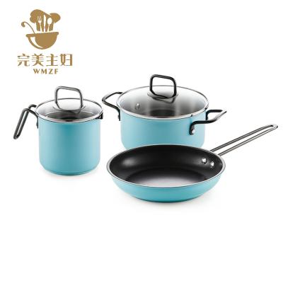 China Sustainable High Quality Blue Kitchen Ware Stainless Steel Frying Pan Soup Kitchen Steamer Cookware Sets for sale