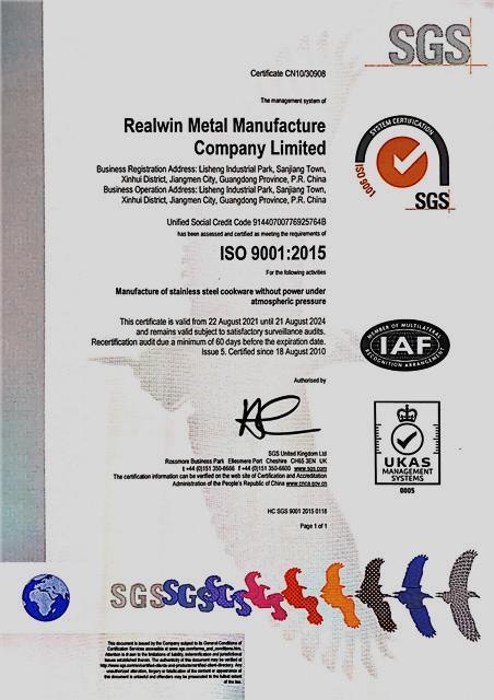 ISO9001 - Realwin Metal Manufacture Co., Ltd. (Jiangmen)