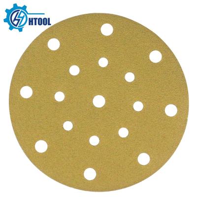 China Auto Parts Self Adhesive Yellow 6 Holes Sand Disc Sandpaper 120mm Hook and Loop Around Disc Aluminum Oxide Sandpaper Sanding Fiber for sale