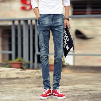 China Mens Light Blue White Printed Denim Jeans With Tapered Legs Skinny Fitting for sale