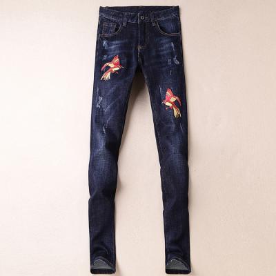 China De gedrukte Rechte Jeans van Bloemenmensen los, Buitengewoon lange Gekleurde Magere Jeans Te koop