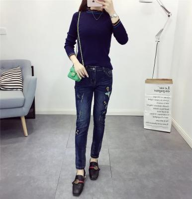 China High Waisted Black / Dark Blue Womens Tapered Jeans Flowers Embroideried Quick Dry for sale