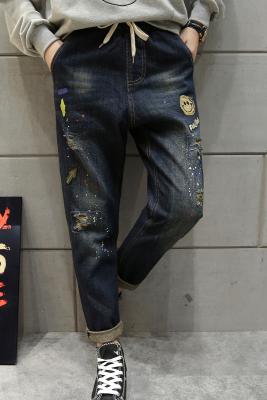 China Verscheurden de Ontspannen Geschikte Verminderde Rechte het Beenjeans van mensen met Elastische Taille Gescheurd Te koop