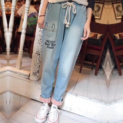 China Light Blue Cuffed Womens Relaxed Fit Straight Leg Jeans With Embroidered Flowers for sale