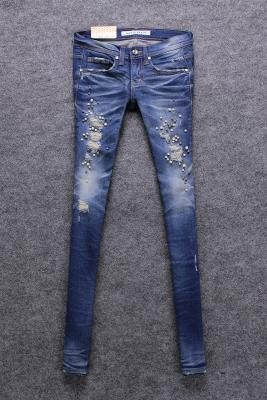 Chine Jeans droits de la jambe des basses femmes bleu-foncé de hausse avec le diamant brodé de fausse pierre à vendre