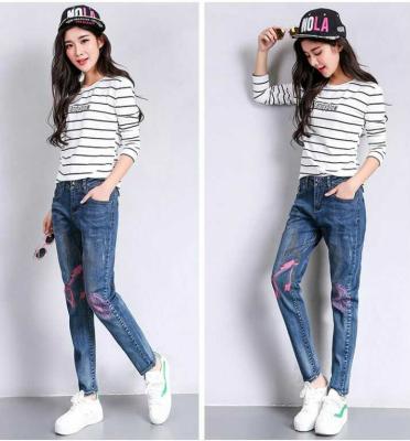 China Customized Embroidered Flowers Printed Denim Jeans American European Style for sale