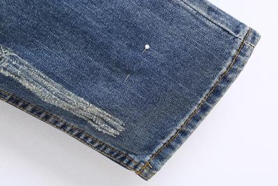 China Gedrukte Magere Bootcut-Denimjeans, Aangepaste Patroon Vernietigde Meisjejeans Te koop