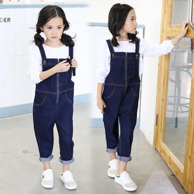 China Cotton Spandex Baby Girls Kids Overall Jeans With Embroidered Pocket for sale