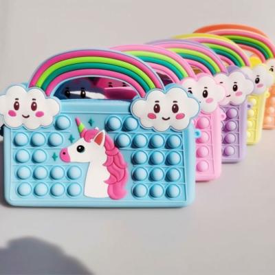 China New Eco-friendly Material Pop Silicone Unicorn Purse Push Bubbles Wiggle Cross - Body Bag Unicorn Pop Bag Rainbow Clouds Coin Purse For Girls for sale