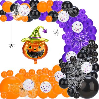 China Eco-Friendly Orange And Black Balloon Garland Arch Kit For Halloween Balloons With Spider Web Halloween Party for sale