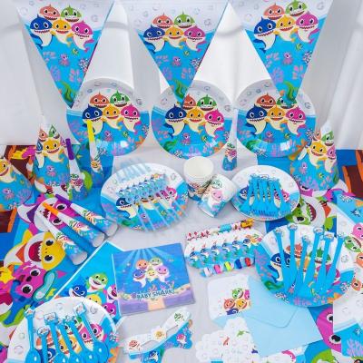 China Disposable/Biodegradable Disposable Kids Birthday Party Supplies Kids Party Theme Party Tableware Combo Cake Baby Sharke Set Paper Tableware for sale