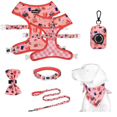 China Viable Factory Designs Custom Printed Chest Harness Collar Leash Poop Bag Holder Set Adjustable Pet Harness for sale