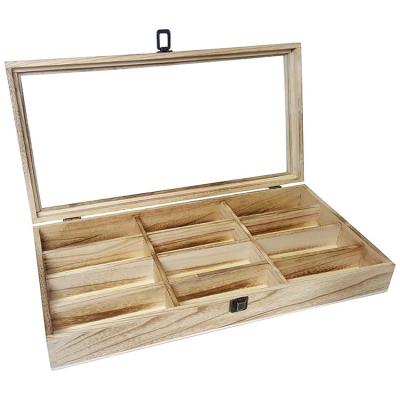 China Modern Wooden Sunglasses Tray Display Showcase Organizer Case Glass Frame 8 Grids With Cover Storage Box Organizer for sale