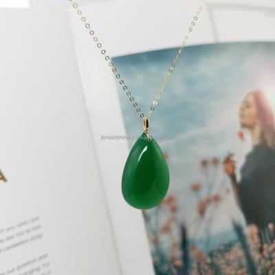 China Real 18K gold large jade chalcedony gold 18k gemstone pendant jewelry pure natural green shape luxury solid pawnable drop green pendant for sale