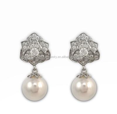 China OEM ODM Elegant Freshwater Pearl Rose Design Solid Silver Earrings Stud To Customize Silver Rhodium Plated Stud Earrings Stud Jewelry cz pearl for sale